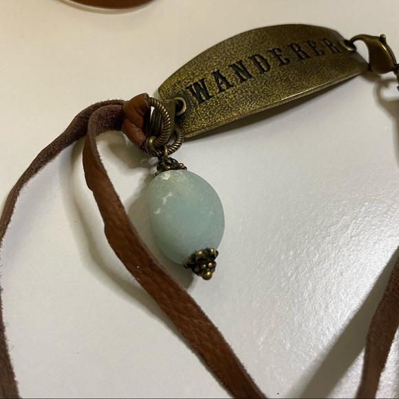 WANDERER Adjustable Tie Choker Necklace, Bronze, Brown Leather, Blue Stone - Picture 4 of 6